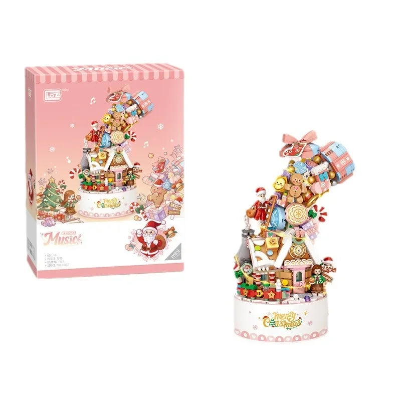 LOZ 1957 Christmas series Revolving music box Christmas Music Box with Santa Clause