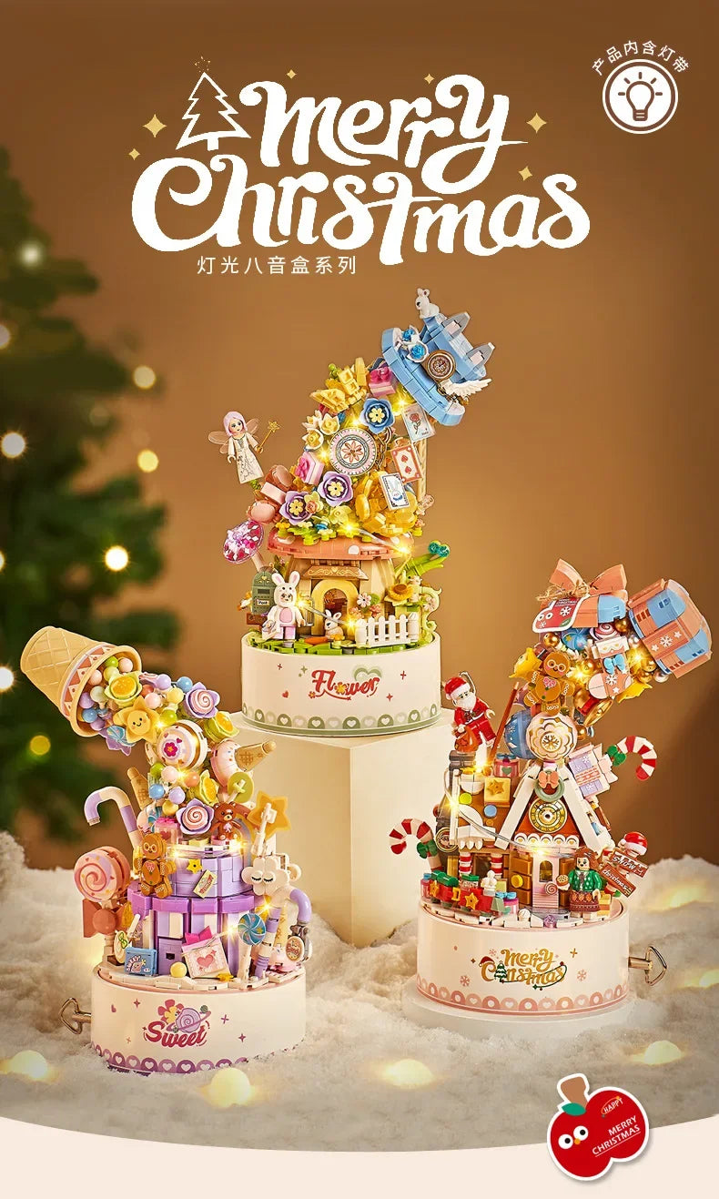 LOZ 1957 Christmas series Revolving music box Christmas Music Box with Santa Clause