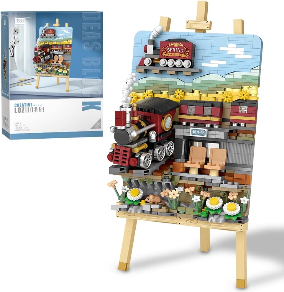 LOZ 1296 Mini Blocks Building Sets,3D Art Framed Train Station Building Kit