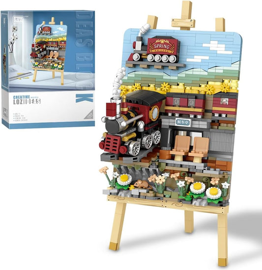 LOZ 1296 Mini Blocks Building Sets,3D Art Framed Train Station Building Kit