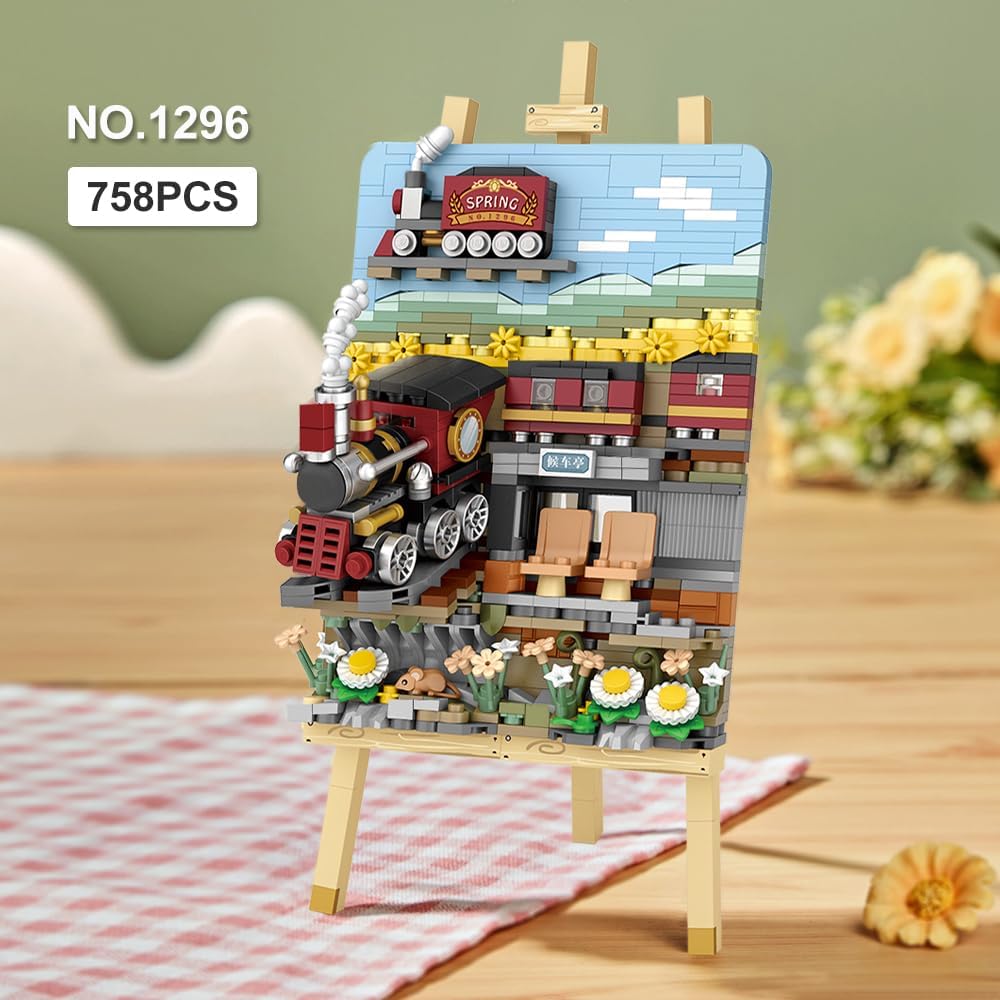 LOZ 1296 Mini Blocks Building Sets,3D Art Framed Train Station Building Kit