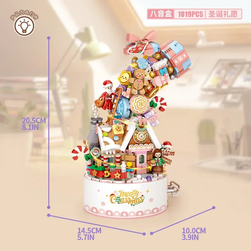 LOZ 1957 Christmas series Revolving music box Christmas Music Box with Santa Clause